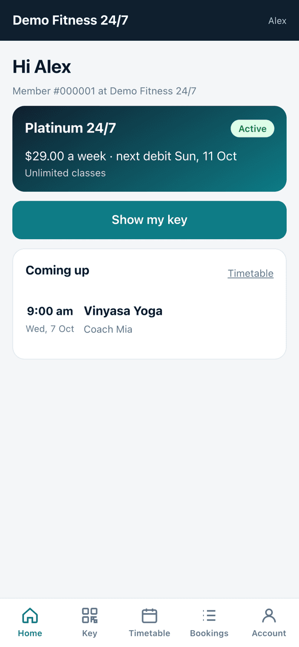 The member app for Demo Fitness 24/7: membership, next debit, the door key and a booked yoga class, all in the gym's own name