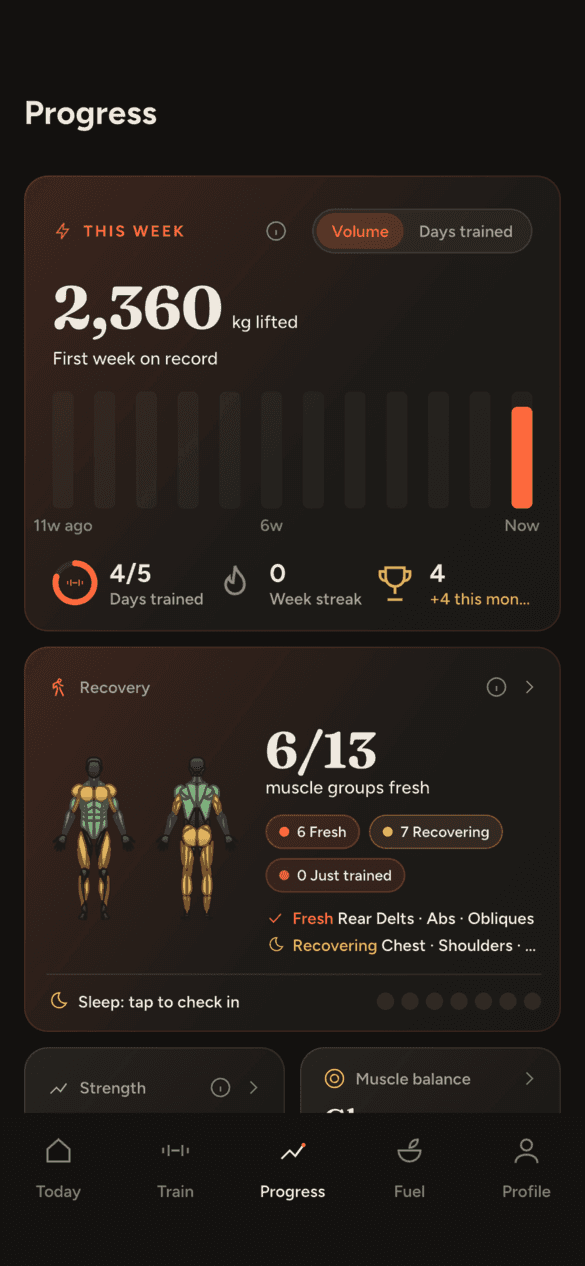 Tapvyn's Progress screen: kilograms lifted this week and muscle recovery