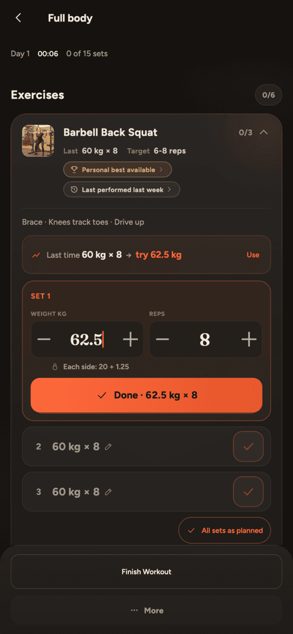 Tapvyn's live workout screen: logging a set of barbell back squats
